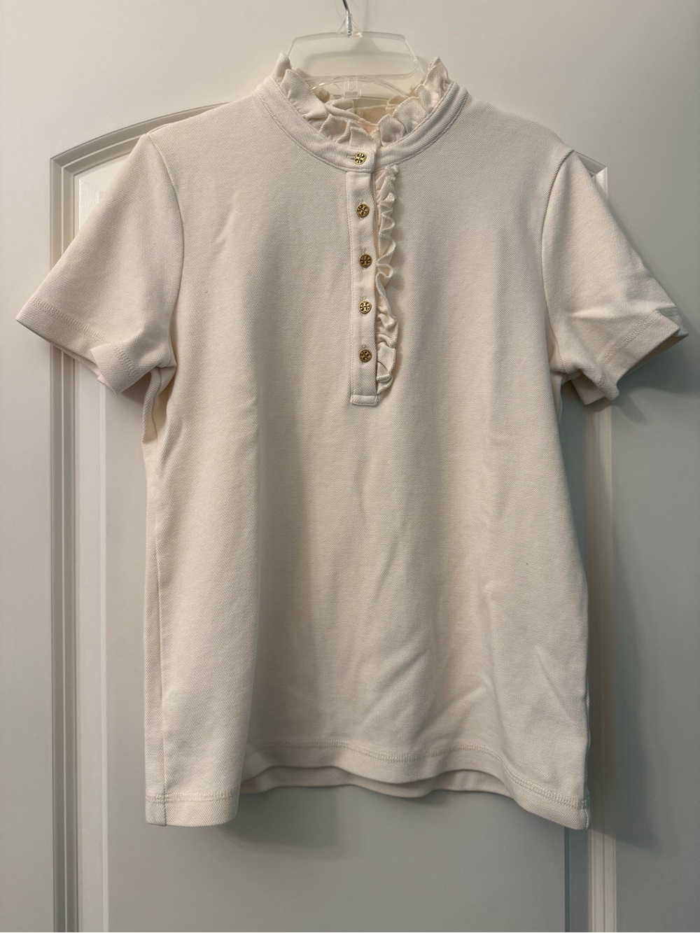 Tory Burch Cream Ruffle-Placket Short Sleeve Polo